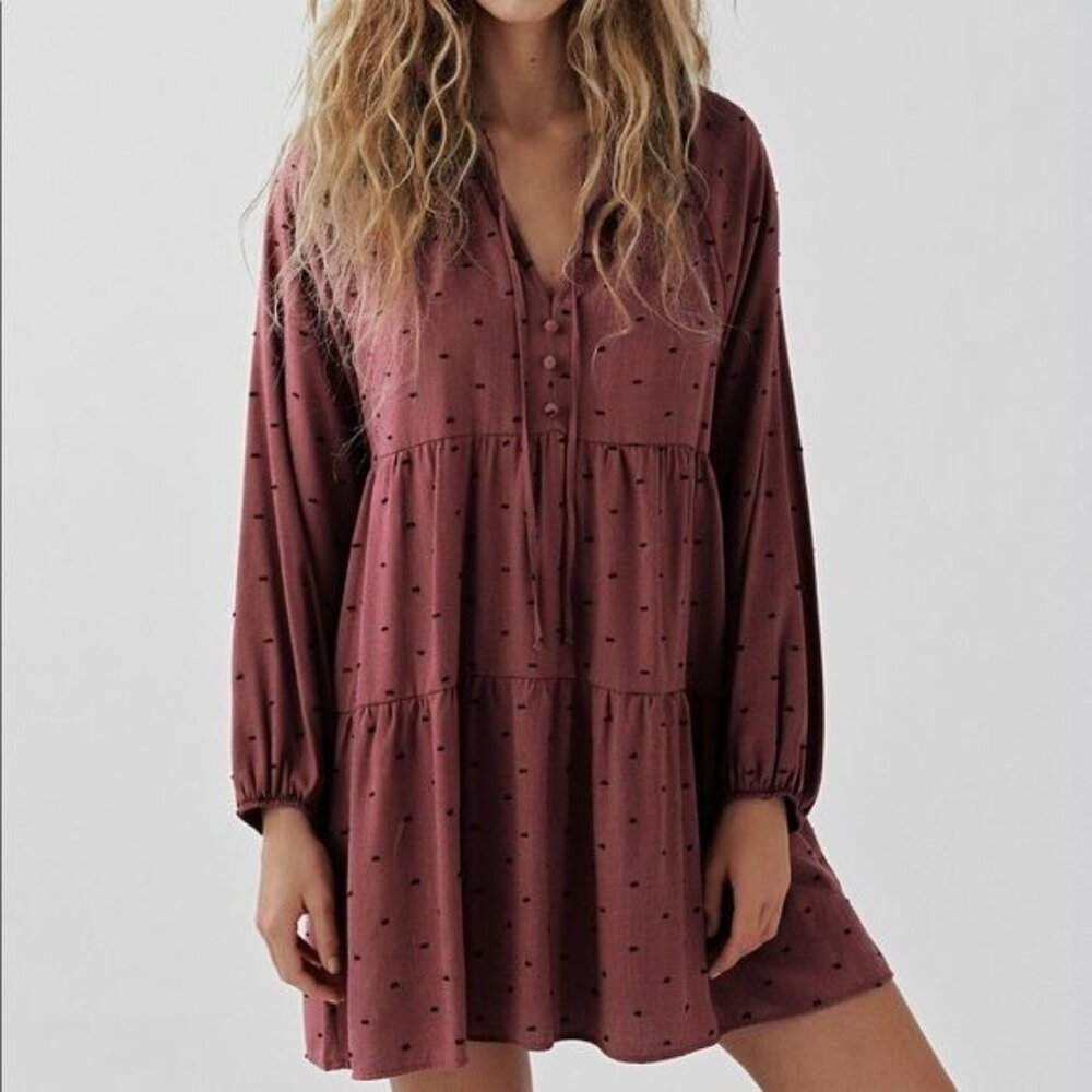 ZARA Size XS Dotted Tiered Mesh Mini Dress Long Sleeves Maroon
